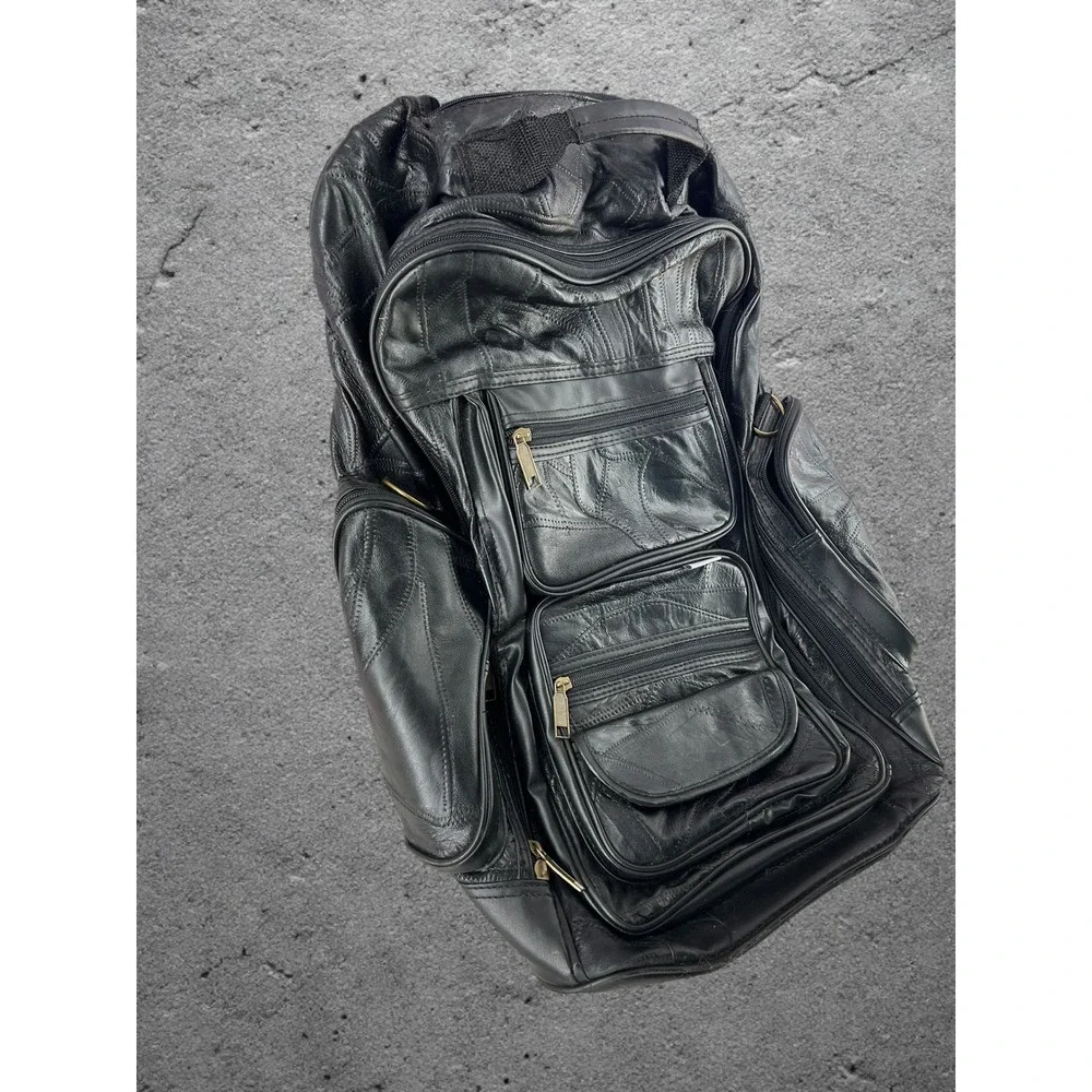 Vintage 90s Genuine Leather Patchwork Rolling Backpack Black Wheeled Travel Bag